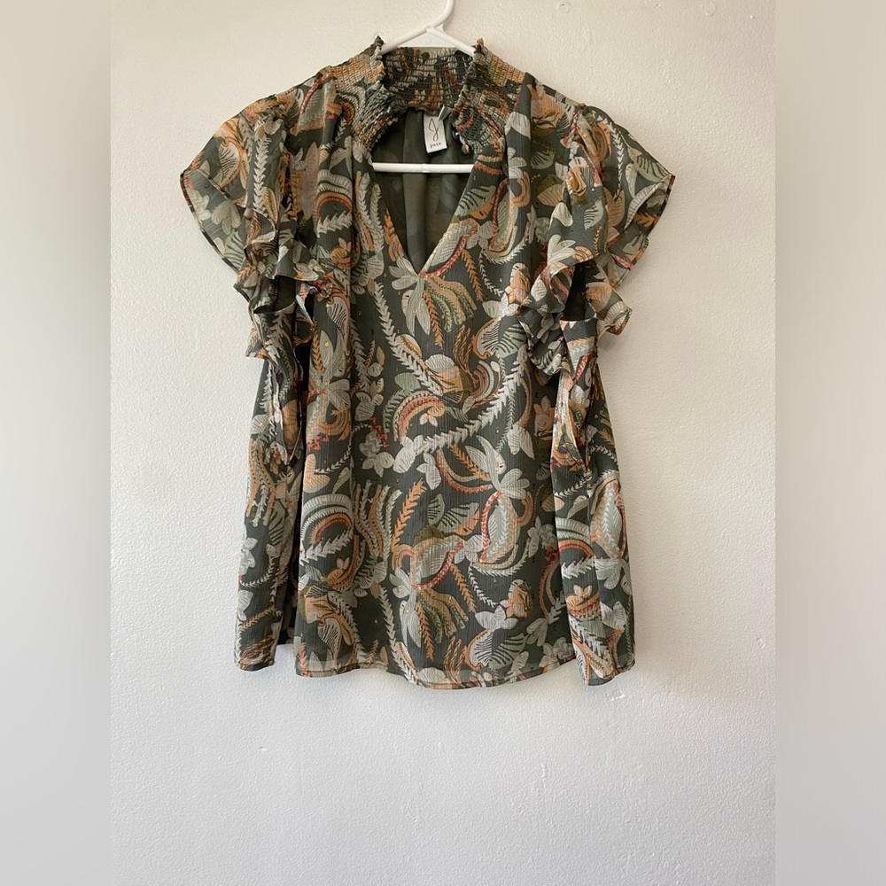 Joie Floral Print Smocked Neck Blouse – Ruffle Sleeves Boho Chic Top Size M
